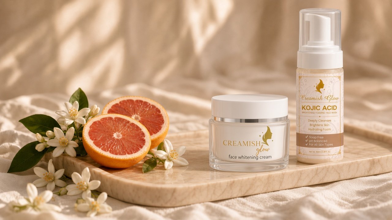 Creamish Glow luxury spa setting with citrus, botanical blossoms and warm gold lighting