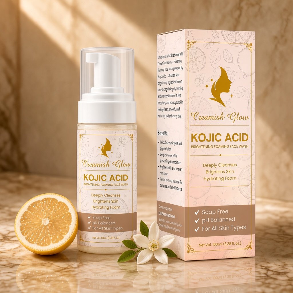 Creamish Glow Kojic Acid Whitening Facewash bottle and carton