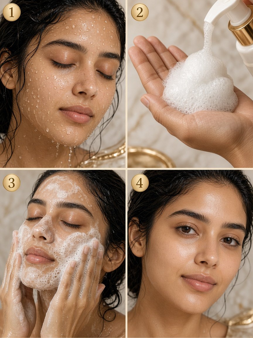 How to use Creamish Glow Kojic Acid brightening foaming face wash in four steps