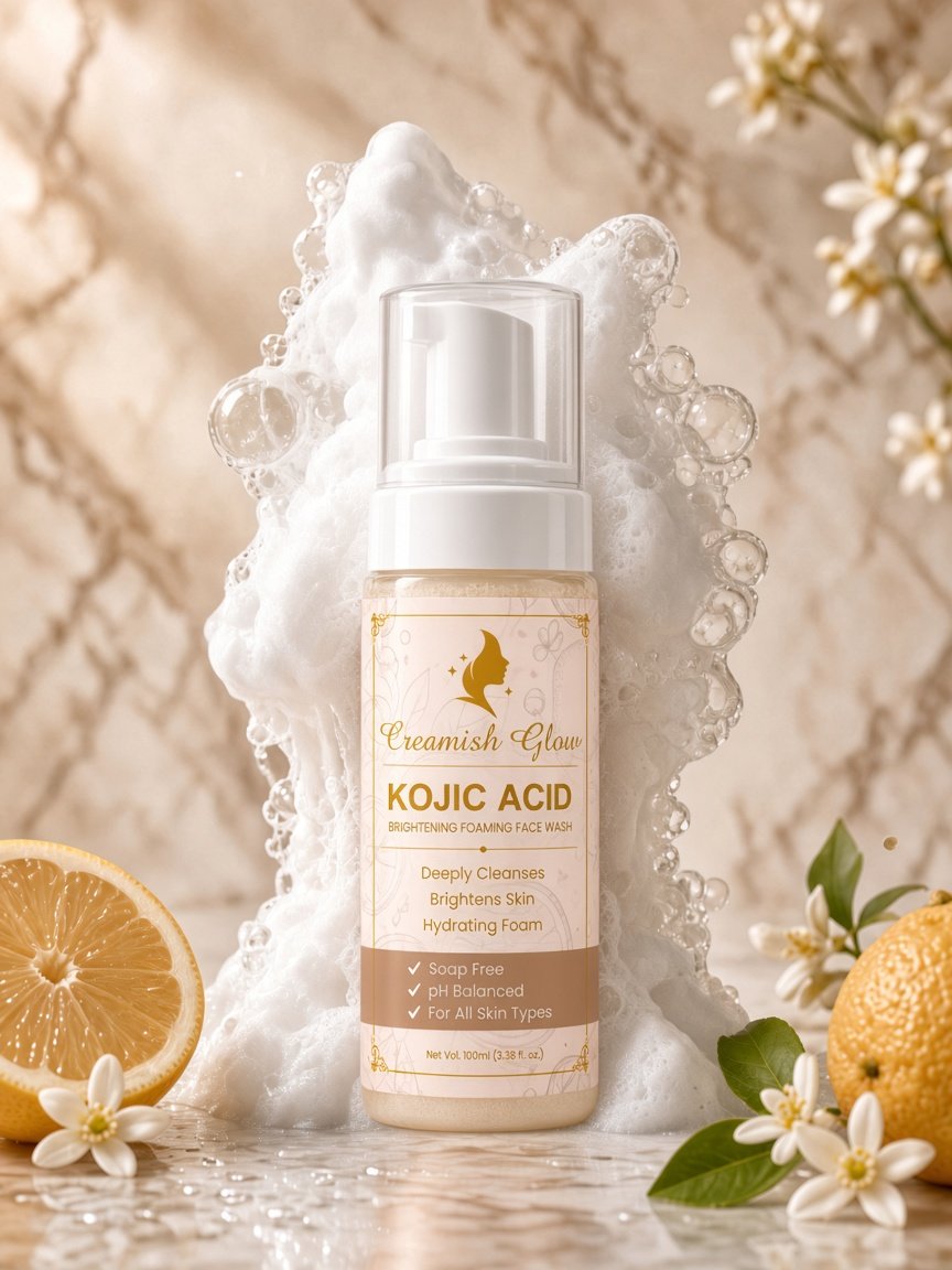 Creamish Glow foaming wash texture splash on champagne marble